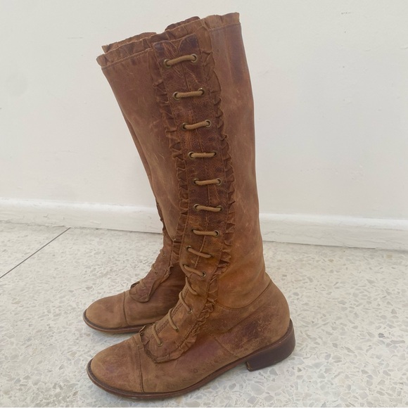 Anthropologie Distressed Leather Riding Boots Lace Ruffle Brown 6 1/2 (defect) - Picture 3 of 14
